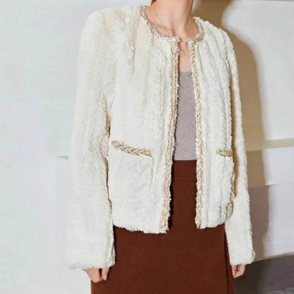 elegant contrast binding hook closure fuzzy coat chic classic - Picture 4 of 10